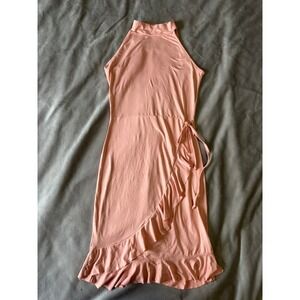 RT Peach Pink Halter Mock Neck Ruffle Faux Wrap Mini Dress XS